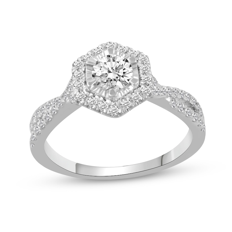 0.66 CT. T.W. Diamond Hexagon Frame Twist Shank Engagement Ring in 14K White Gold|Peoples Jewellers