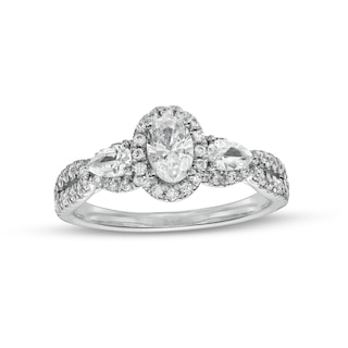 1.00 CT. T.W. Oval Diamond Frame Past Present Future® Twist Shank Engagement Ring in 14K White Gold (I/I1)