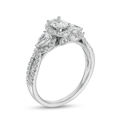 1.00 CT. T.W. Oval Diamond Frame Past Present Future® Twist Shank Engagement Ring in 14K White Gold (I/I1)