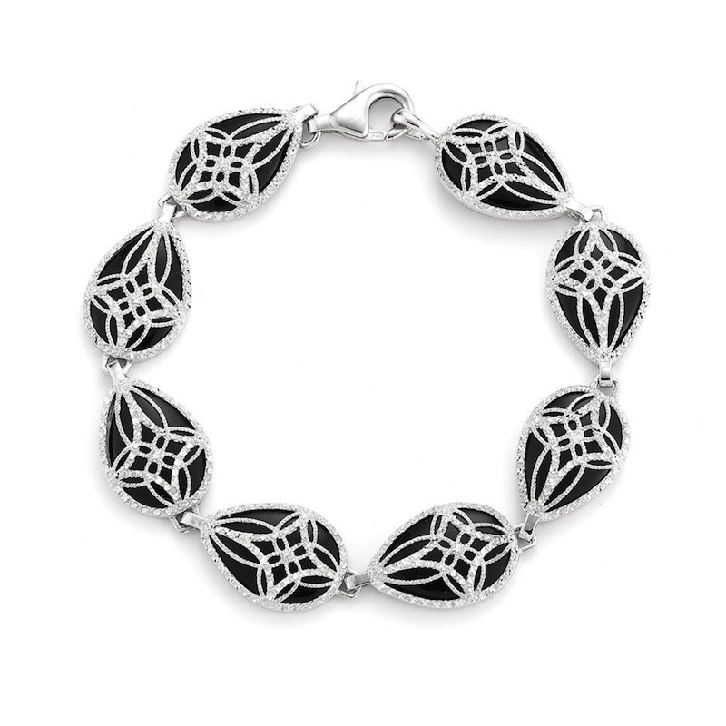 Sideways Pear-Shaped Black Onyx with Diamond-Cut Beaded Cross Overlay Vintage-Style Line Bracelet in Sterling Silver|Peoples Jewellers