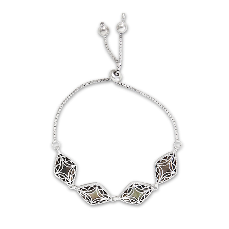 Black Mother-of-Pearl Bead Frame with Diamond-Cut Art Deco Overlay Kite-Shaped Bolo Bracelet in Sterling Silver - 10"|Peoples Jewellers