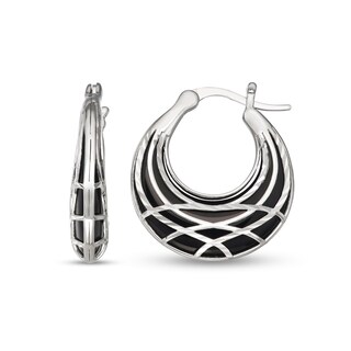 Black Onyx with Diamond-Cut Abstract Lattice Cage Graduated Huggie Hoop Earrings in Sterling Silver