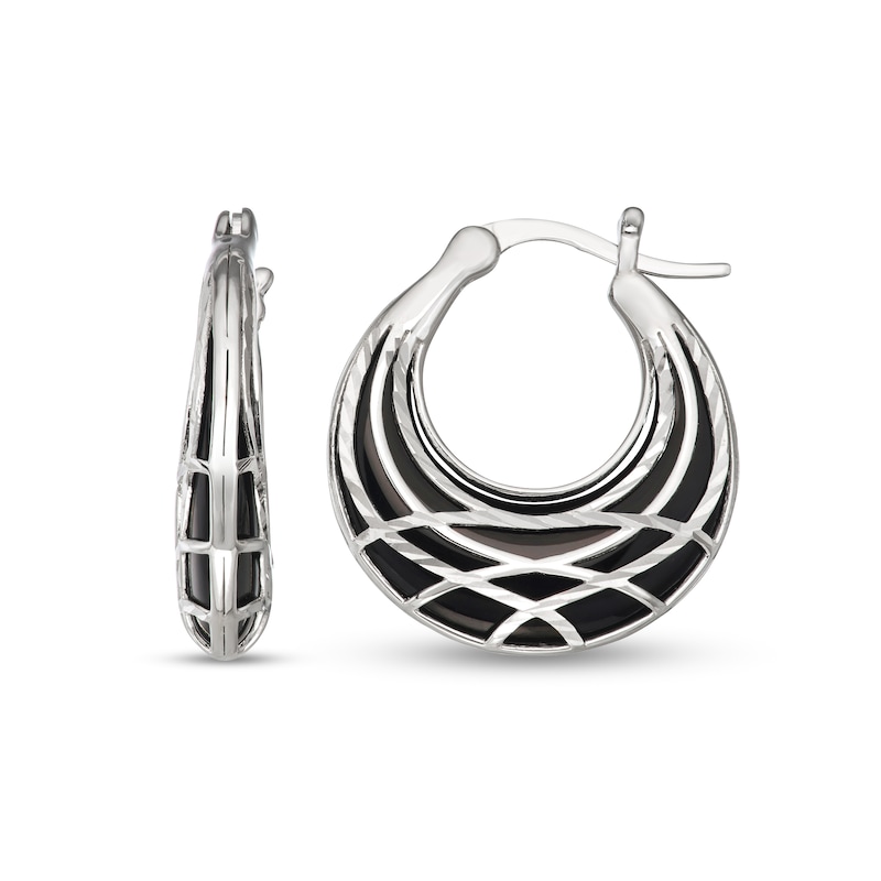 Black Onyx with Diamond-Cut Abstract Lattice Cage Graduated Huggie Hoop Earrings in Sterling Silver|Peoples Jewellers