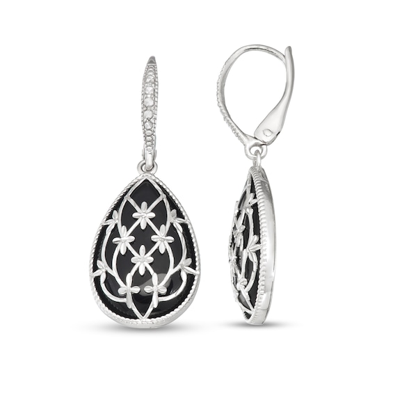 Pear-Shaped Black Onyx Bead Frame with Diamond-Cut Floral Lattice Overlay Vintage-Style Drop Earrings in Sterling Silver