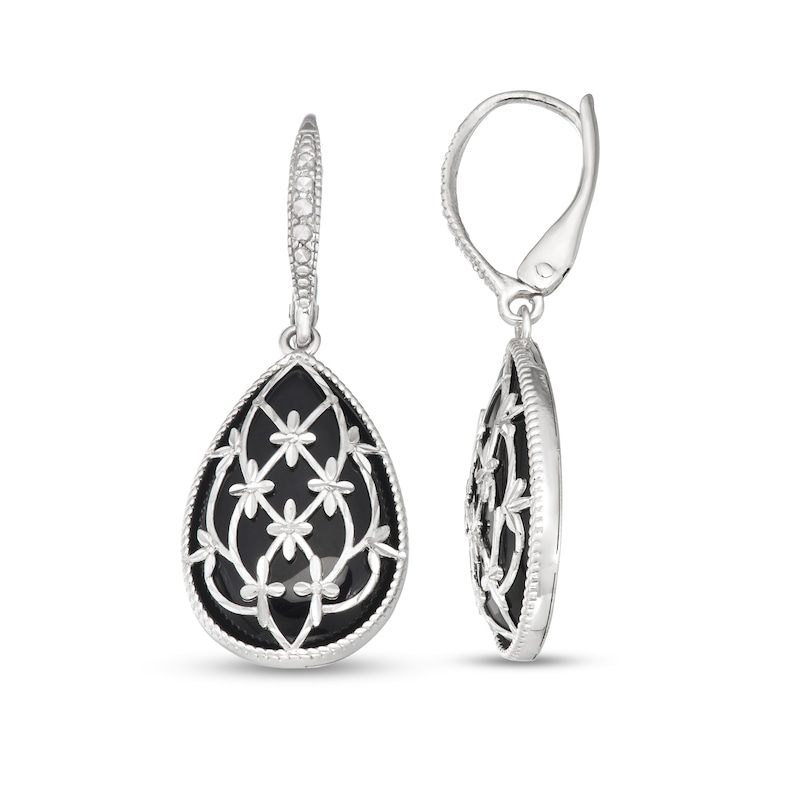 Pear-Shaped Black Onyx Bead Frame with Diamond-Cut Floral Lattice Overlay Vintage-Style Drop Earrings in Sterling Silver|Peoples Jewellers
