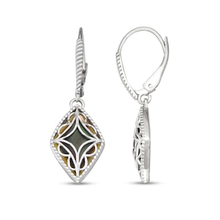 Black Mother-of-Pearl Bead Frame with Diamond-Cut Art Deco Overlay Kite-Shaped Drop Earrings in Sterling Silver