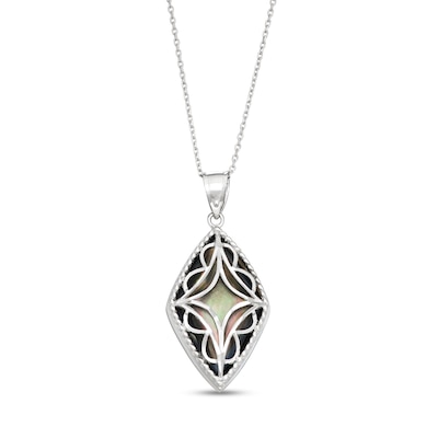 Black Mother-of-Pearl Bead Frame with Diamond-Cut Art Deco Overlay Kite-Shaped Drop Pendant in Sterling Silver