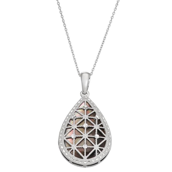 Pear-Shaped Black Mother-of-Pearl Bead Frame with Diamond-Cut Geometric Lattice Overlay Drop Pendant in Sterling Silver