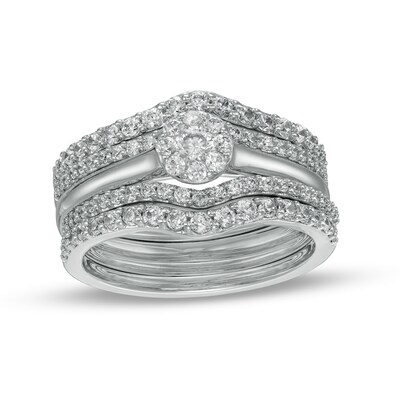 1.00 CT. T.W. Diamond Frame Five Piece Contour Bridal Set in 10K White Gold (I/I2)