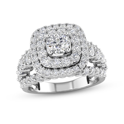 2.00 CT. T.W. Diamond Double Cushion-Shaped Frame Triple Row Split Shank Engagement Ring in 14K White Gold