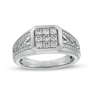 Men's 0.72 CT. T.W. Composite Cushion Diamond Woodland-Style Ring in 10K White Gold