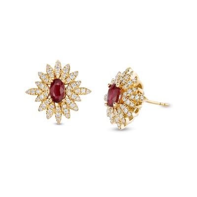 Oval Ruby and 0.33 CT. T.W. Diamond Floral Stud Earrings in 14K Gold