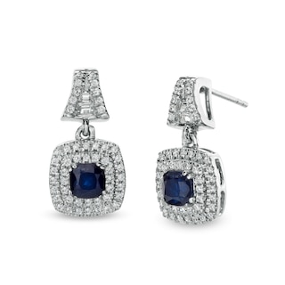 4.0mm Cushion-Cut Blue Sapphire and 0.40 CT. T.W. Diamond Double Frame Split Drop Earrings in 14K White Gold