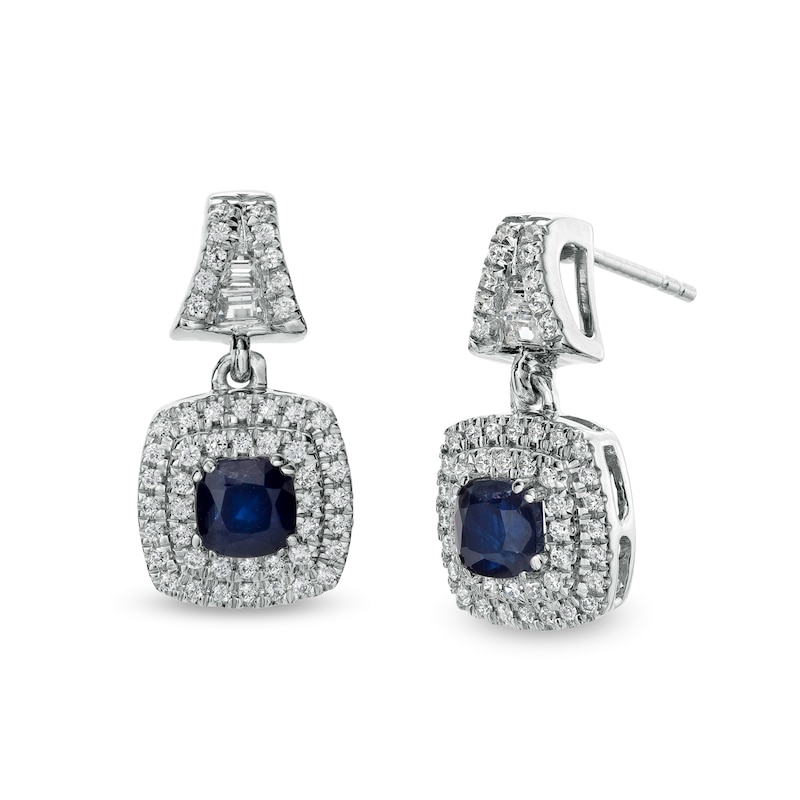 4.0mm Cushion-Cut Blue Sapphire and 0.40 CT. T.W. Diamond Double Frame Split Drop Earrings in 14K White Gold|Peoples Jewellers