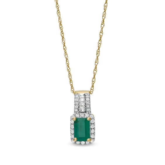 Octagonal Emerald and 0.15 CT. T.W. Diamond Rectangular Frame Triple Row Drop Pendant in 14K Gold