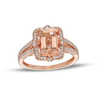 Emerald-Cut Morganite and 0.27 CT. T.W. Diamond Compass Frame Split Shank Ring in 14K Rose Gold