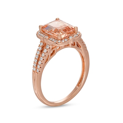 Emerald-Cut Morganite and 0.27 CT. T.W. Diamond Compass Frame Split Shank Ring in 14K Rose Gold