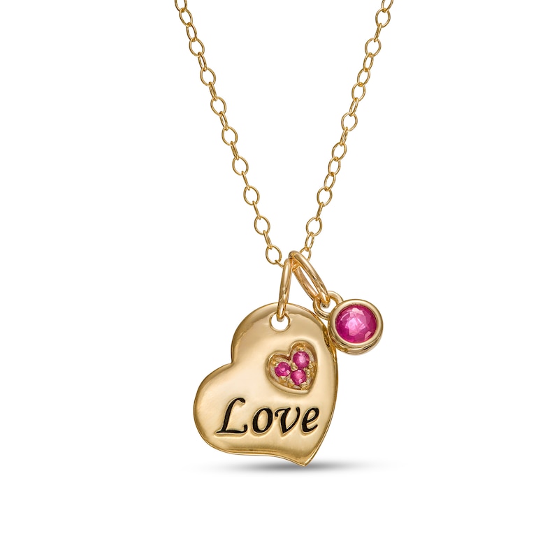 3.0mm Ruby Charm and Trio Cluster with Etched "Love" Tilted Double Heart Pendant in 10K Gold - 20"|Peoples Jewellers