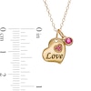 3.0mm Ruby Charm and Trio Cluster with Etched "Love" Tilted Double Heart Pendant in 10K Gold - 20"