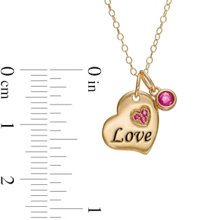 3.0mm Ruby Charm and Trio Cluster with Etched "Love" Tilted Double Heart Pendant in 10K Gold - 20"