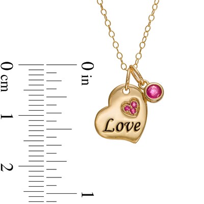 3.0mm Ruby Charm and Trio Cluster with Etched "Love" Tilted Double Heart Pendant in 10K Gold - 20"