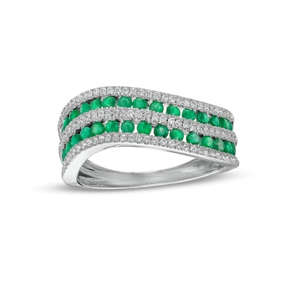 Emerald and 0.25 CT. T.W. Diamond Alternating Multi-Row Wave Ring in 14K White Gold