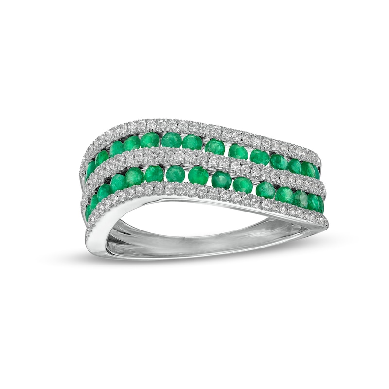 Emerald and 0.25 CT. T.W. Diamond Alternating Multi-Row Wave Ring in 14K White Gold|Peoples Jewellers