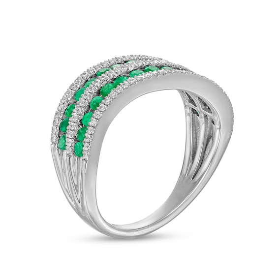 Emerald and 0.25 CT. T.W. Diamond Alternating Multi-Row Wave Ring in 14K White Gold