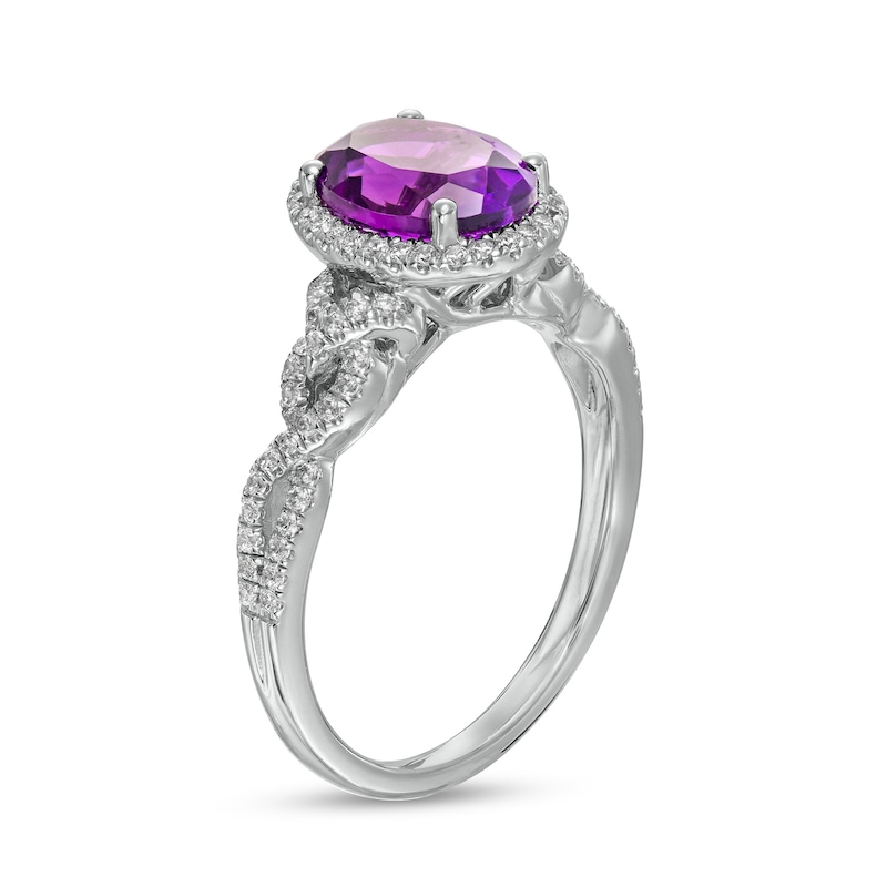 Oval Amethyst and 0.29 CT. T.W. Diamond Frame Twist Split Shank Ring in 14K White Gold|Peoples Jewellers