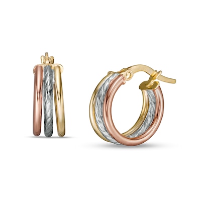 13.0mm Multi-Finish Triple Row Split Tube Hoop Earrings in 10K Tri-Tone Gold