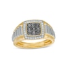 Men's 0.50 CT. T.W. Black Enhanced and White Composite Cushion Diamond Frame Ribbed Shank Ring in 10K Two-Tone Gold