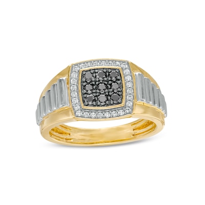 Men's 0.50 CT. T.W. Black Enhanced and White Composite Cushion Diamond Frame Ribbed Shank Ring in 10K Two-Tone Gold