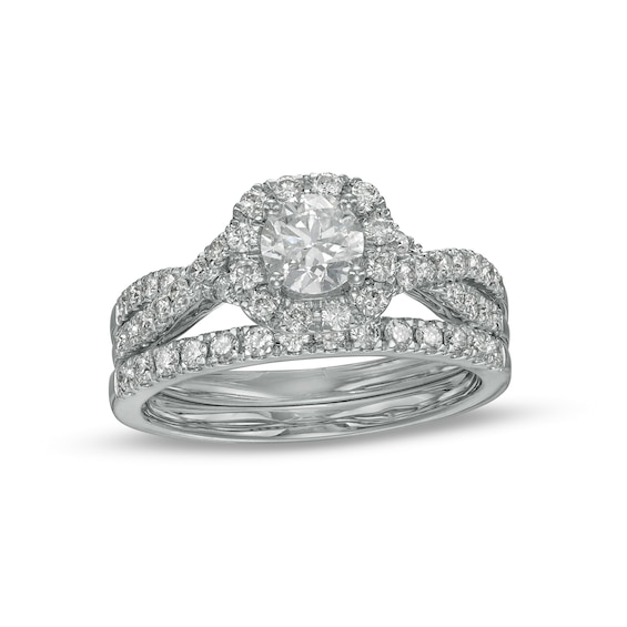 1.00 CT. T.W. Certified Diamond Cushion-Shaped Frame Vintage-Style Bridal Set in 10K White Gold (I/I2)