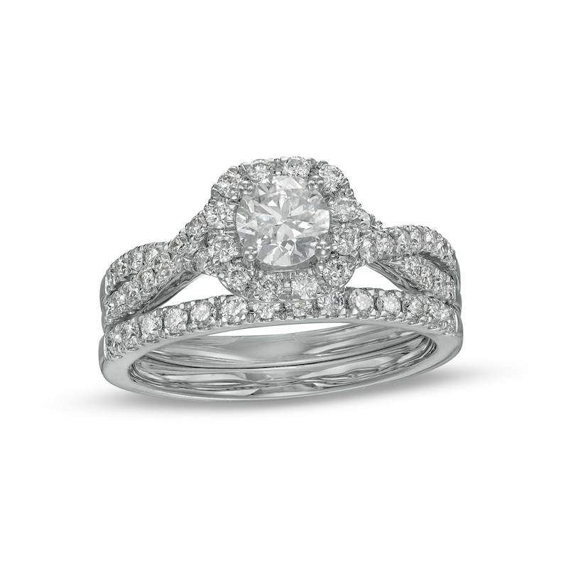 1.00 CT. T.W. Certified Diamond Cushion-Shaped Frame Vintage-Style Bridal Set in 10K White Gold (I/I2)|Peoples Jewellers