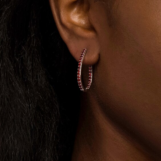 Garnet Inside-Out Oval Hoop Earrings in Sterling Silver