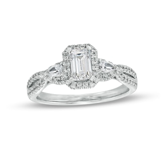 1.00 CT. T.W. Emerald-Cut Diamond Frame Past Present Future® Engagement Ring in 14K White Gold (I/I1)