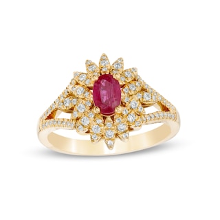 Oval Ruby and 0.33 CT. T.W. Diamond Floral Split Shank Ring in 14K Gold