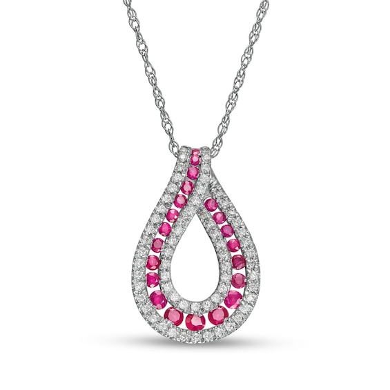 Ruby and 0.20 CT. T.W. Diamond Border Graduated Triple Row Loop Teardrop Pendant in 14K White Gold