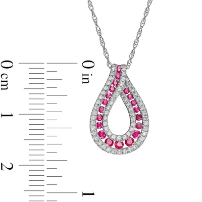 Ruby and 0.20 CT. T.W. Diamond Border Graduated Triple Row Loop Teardrop Pendant in 14K White Gold