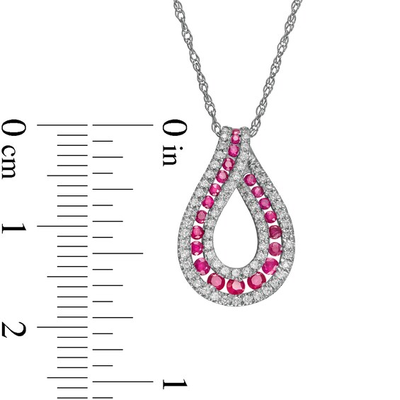 Ruby and 0.20 CT. T.W. Diamond Border Graduated Triple Row Loop Teardrop Pendant in 14K White Gold