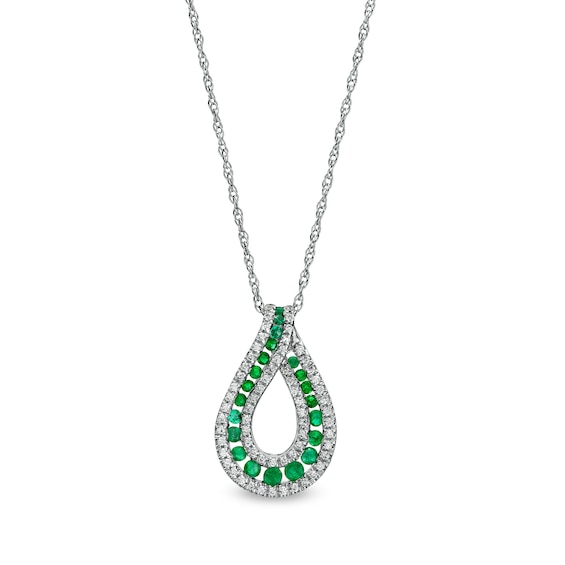 Emerald and 0.20 CT. T.W. Diamond Border Graduated Triple Row Loop Teardrop Pendant in 14K White Gold