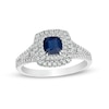 Thumbnail Image 0 of 5.0mm Cushion-Cut Blue Sapphire and 0.40 CT. T.W. Diamond Double Frame Side Accent Split Shank Ring in 14K White Gold