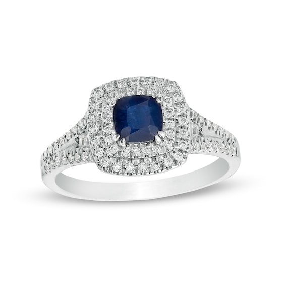 5.0mm Cushion-Cut Blue Sapphire and 0.40 CT. T.W. Diamond Double Frame Side Accent Split Shank Ring in 14K White Gold