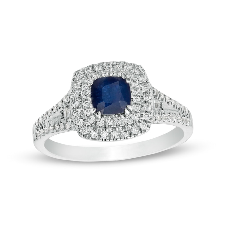 5.0mm Cushion-Cut Blue Sapphire and 0.40 CT. T.W. Diamond Double Frame Side Accent Split Shank Ring in 14K White Gold|Peoples Jewellers