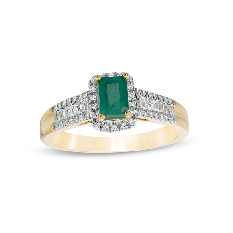 Octagonal Emerald and 0.33 CT. T.W. Diamond Rectangular Frame Triple Row Ring in 14K Gold|Peoples Jewellers