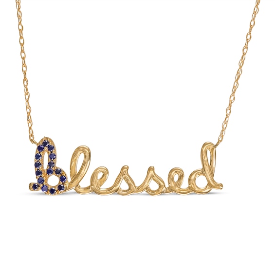 Blue Sapphire Cursive "blessed" Necklace in 10K Gold - 20"