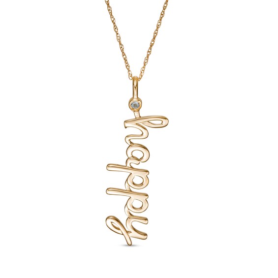 Bezel-Set Aquamarine Solitaire Accent Linear Cursive "happy" Pendant in 10K Gold