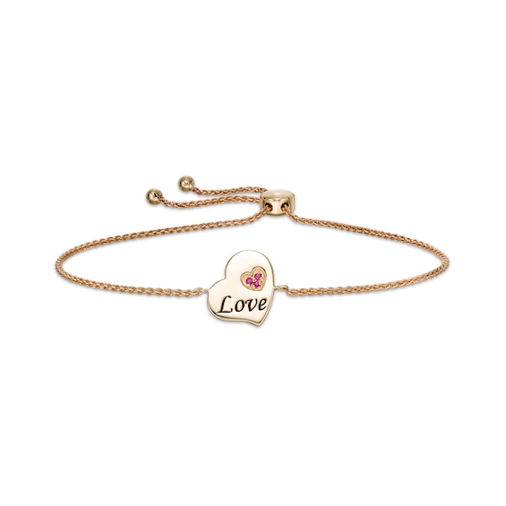 Ruby Trio Accent Etched "Love" Tilted Heart Disc Bolo Bracelet in 10K Gold - 9"