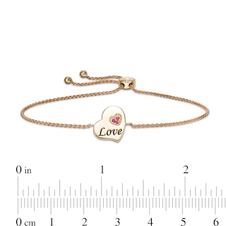 Ruby Trio Accent Etched "Love" Tilted Heart Disc Bolo Bracelet in 10K Gold - 9"