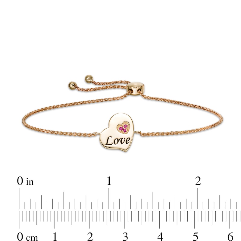 Main Image 3 of Ruby Trio Accent Etched &quot;Love&quot; Tilted Heart Disc Bolo Bracelet in 10K Gold - 9&quot;